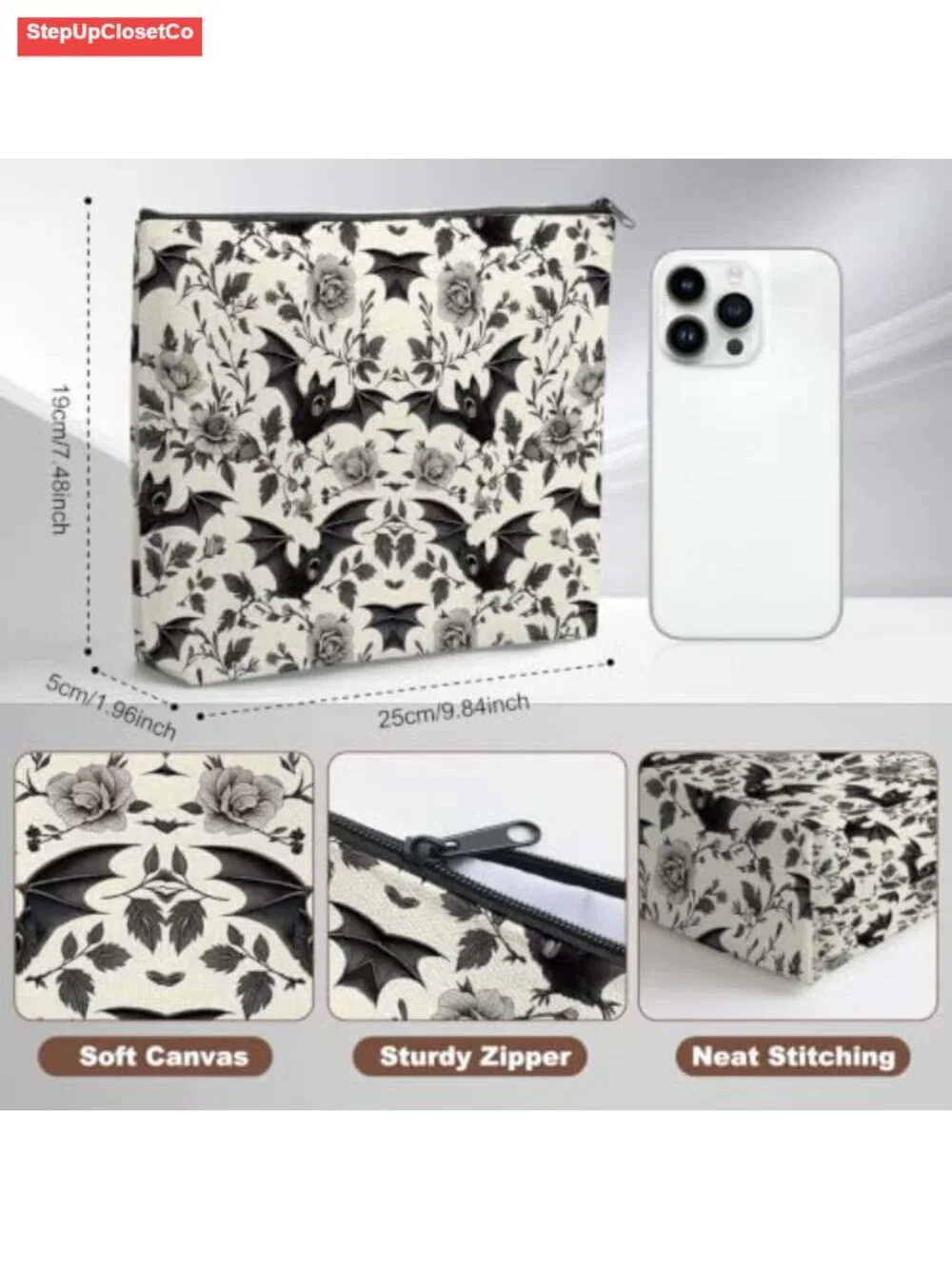 Canvas Makeup Bag Large Capacity Travel Pouch Zipper Closure with Lining